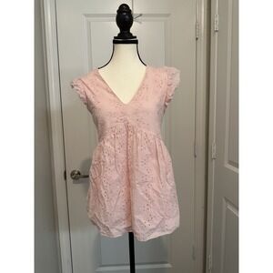 Andrée by Unit Pink Eyelet Tunic Top Size L Flutter Sleeve Boho Cotton Blouse